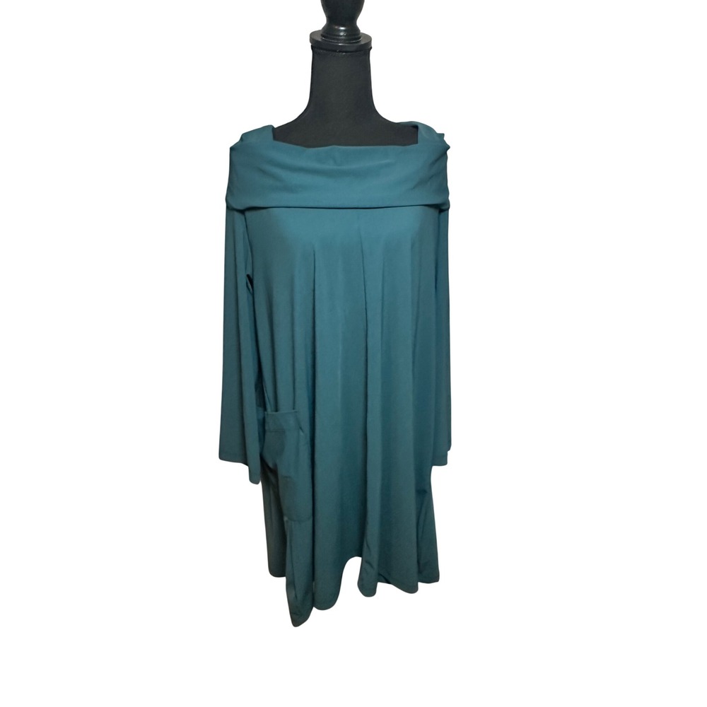 Bryn Walker Teal Cowl Neck Tunic Top Italian Fabric Made in USA Lagenlook